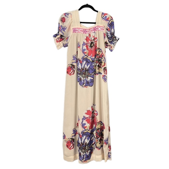 Handmade Muumuu Dress Cream‎ Floral Puffed Sleeve Midi Embellished Sheer Sequins - Picture 1 of 16
